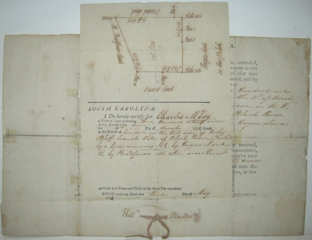 MOULTRIE, WILLIAM. Partly-printed Document Signed, Will:m Moultrie, as Governor,